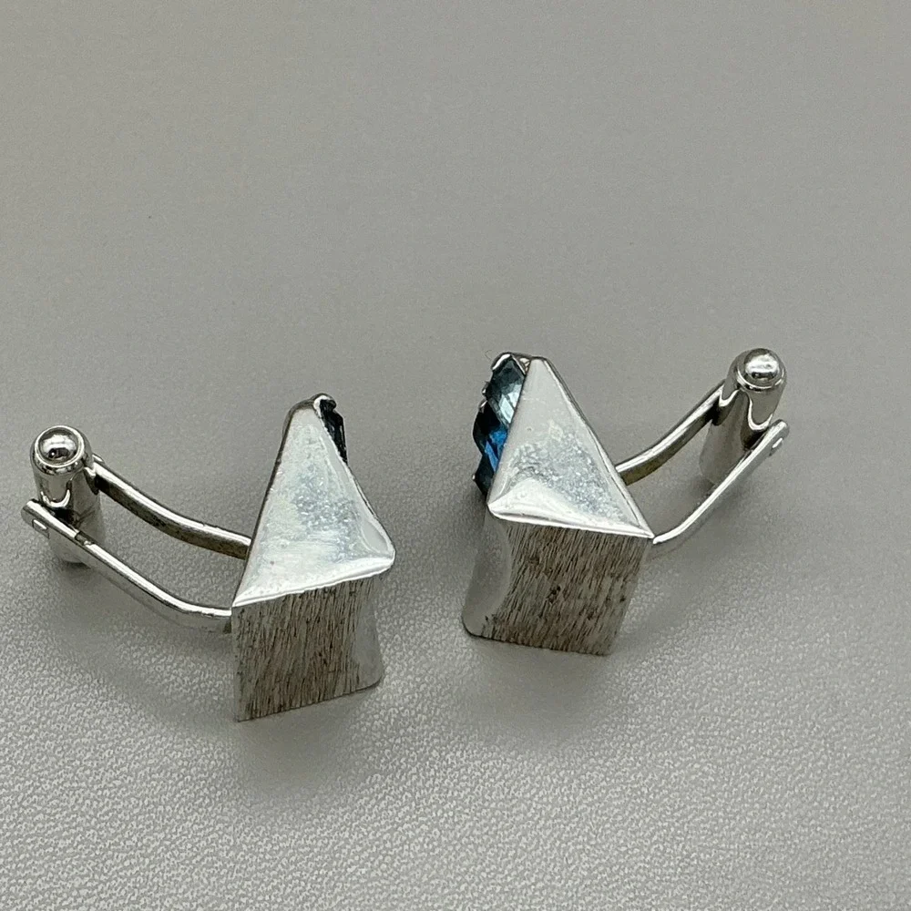 Vintage Blue Rhinestone Silver Tone Cufflinks Mid Century Modern Formal Mens